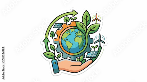 Hand holding earth globe with gear solar panels wind turbines and leaves