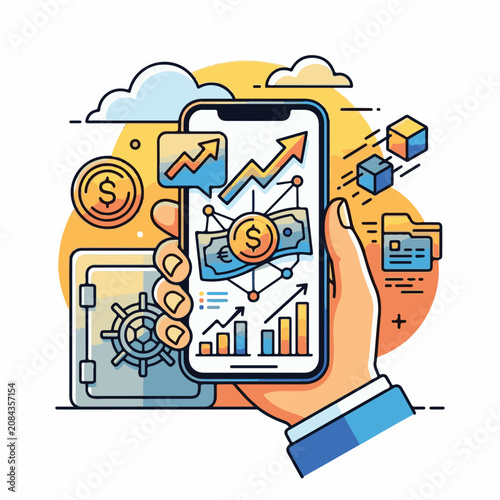 Hand holding phone showing finance graph with money safe and cubes