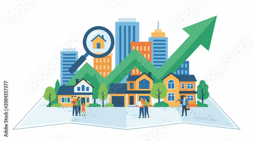 Growing housing market with families city buildings and a graph