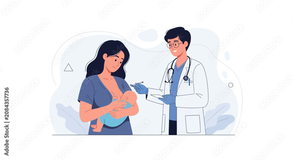 Fototapeta premium Doctor Administering Vaccine to Mother Breastfeeding Baby, Vector Illustration