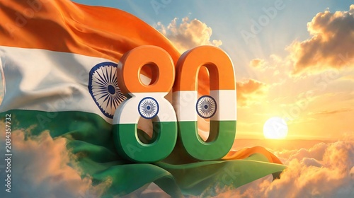 Hero Style 3D Number 80 with Waving Indian Flag and Sunrise