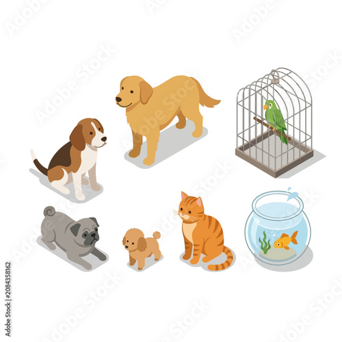 Isometric illustration of various domestic pets including dogs, a cat, a parrot in a cage, and a goldfish in a bowl.