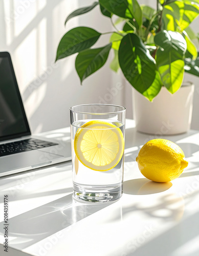 Lemonade glass near laptop and plant