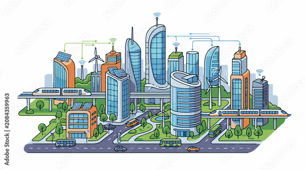 Obraz premium Green modern city with high-speed trains and renewable energy sources
