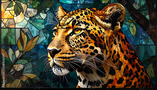 Leopard portrait stained glass illustration