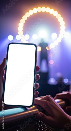 Person holding mobile phone mockup with blank screen at live music concert event featuring stage lights and circular bokeh