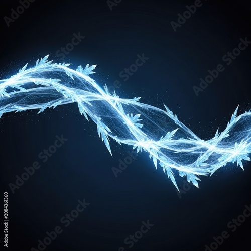 Abstract digital wave of intricate glowing ice crystals, radiating cool blue light and dynamic energy against a dark backdrop, capturing a futuristic and ethereal flowing motion
