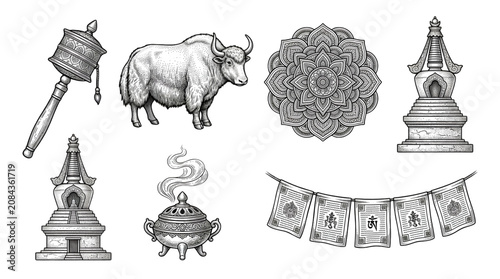 Obraz na plátně Intricate Tibetan Culture Vector Engravings with Prayer Wheel Yak Mandala Stupa