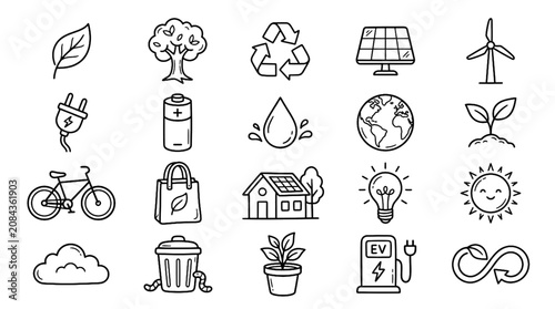 Eco Friendly Nature and Renewable Energy Doodle Vector Icon Set with Recycling Solar Wind and Sustainability Symbols