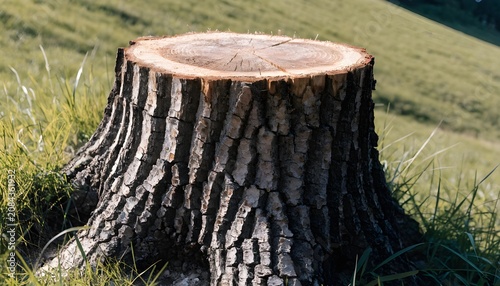 Close up of freshly cut tree stump in sunlit grassy field with natural texture