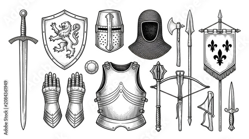 Photos Medieval Armor and Weapons Vector Collection with Sword Shield Helmet and Vintag