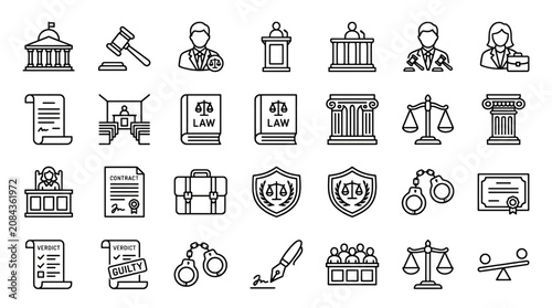 Legal and Justice Vector Icon Set with Courthouse Gavel Scales Lawyer Courtroom and Law Document Symbols