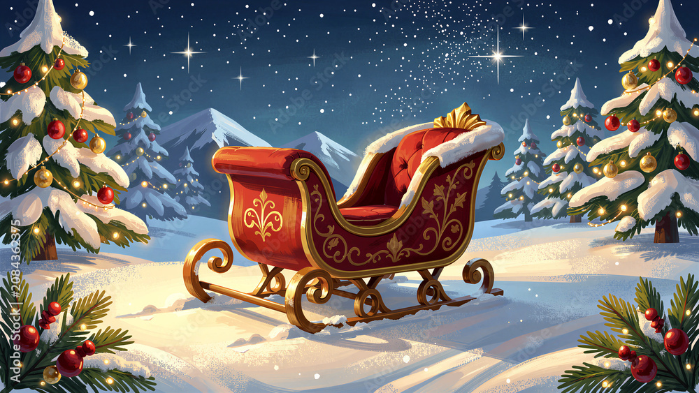 Fototapeta premium Santa Claus sleigh in a snowy winter night landscape