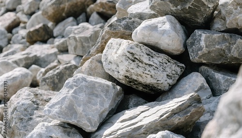 Close up view of large pile of natural gray rough stone texture in outdoor setting