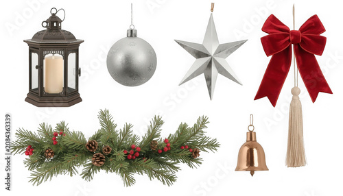 Christmas decorations including lantern, ornaments, garland, and bow on transparent background