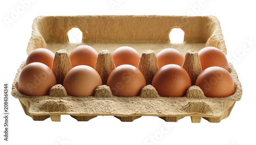 Isolated carton of ten organic brown chicken eggs in a cardboard tray for breakfast food