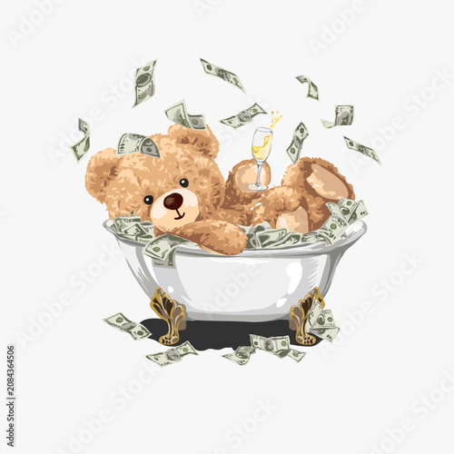 cute bear doll shower in bath tub vector illustration - drawn by hand