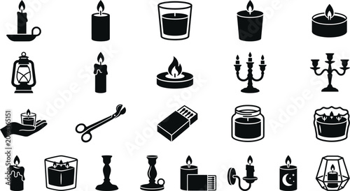 Slika na platnu Black and white candle and lantern icon set