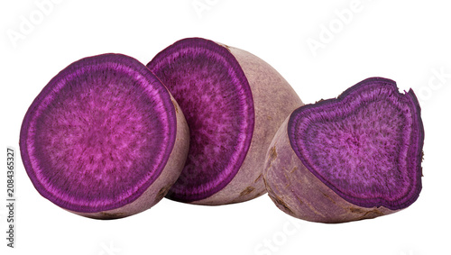 Cuadro en lienzo Isolated fresh purple sweet potato slices showing vibrant color and starchy text