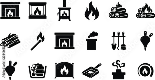 Black and white fireplace and fire tools icon set