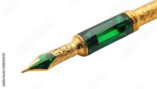 Luxurious green crystal fountain pen nib with gold accents isolated on transparent background