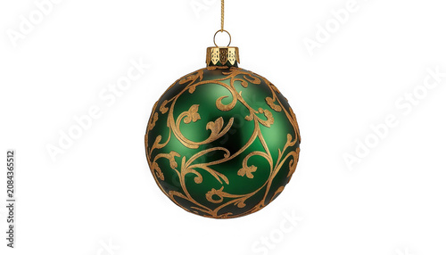 Green christmas ornament with gold floral design isolated on transparent background