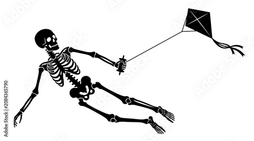 Cuadro en lienzo Helloween Skeleton flying kite, black vector illustration, Halloween symbol, spo
