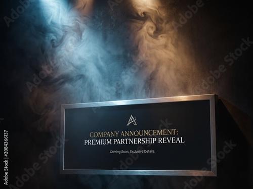 Premium partnership announcement sign, foggy reveal, business news, company logo