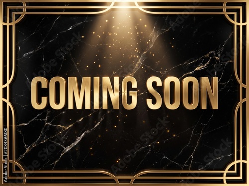 Golden Coming Soon announcement, luxury black marble background, elegant gold border, announcement template
