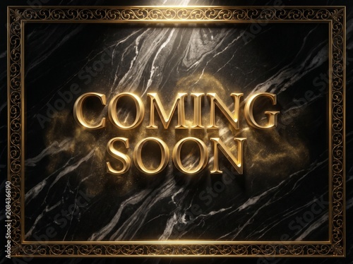 Golden coming soon announcement, luxury marble background, ornate frame, announcement template