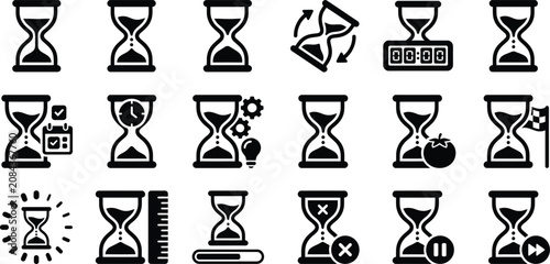 Hourglass icons set with various symbols and actions