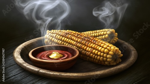 Steaming Corn Cobs with Garlic Dip on Rustic Plate