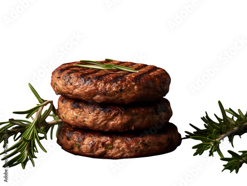 Three juicy grilled beef burger patties garnished with fresh green rosemary sprigs on transparent background