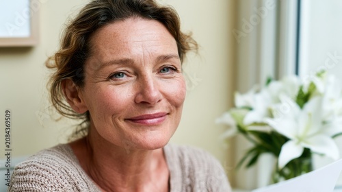 Middle-aged woman with light brown hair smiles gently while holding a memorial card, white lilies in a vase visible in the background, soft natural light illuminating the scene