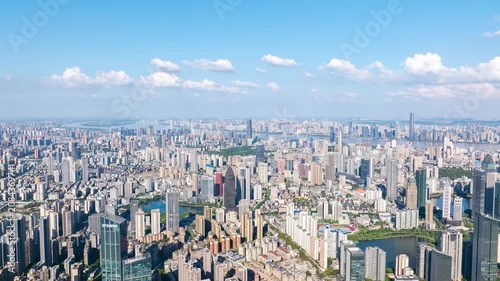 Aerial Wide Panoramic View of Wuhan City Skyline Along Yangtze River, Urban Cityscape in Hubei China