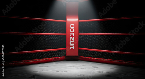 Red professional boxing ring corner with dramatic spotlight and textured arena background motifs