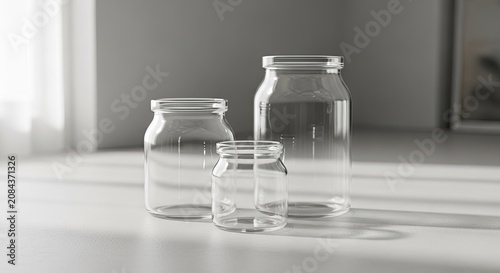 Minimalist Glass Jars Collection in Bright Contemporary Interior with Natural Sunlight Shadows