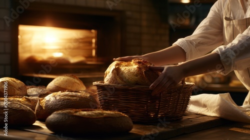 Baker Placing Golden Artisan Bread in Basket Near Oven