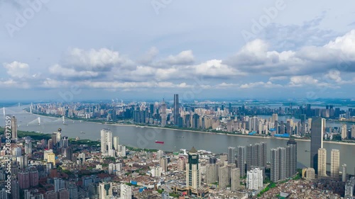 Aerial Wide Panoramic View of Wuhan City Skyline Along Yangtze River, Urban Cityscape in Hubei China