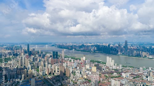 Aerial Wide Panoramic View of Wuhan City Skyline Along Yangtze River, Urban Cityscape in Hubei China