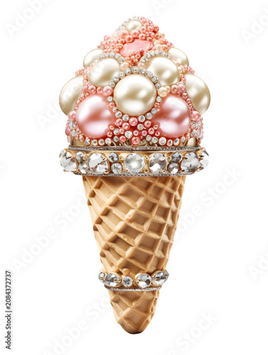 Decorative ice cream cone made of shiny pearls and expensive diamonds sitting on transparent background