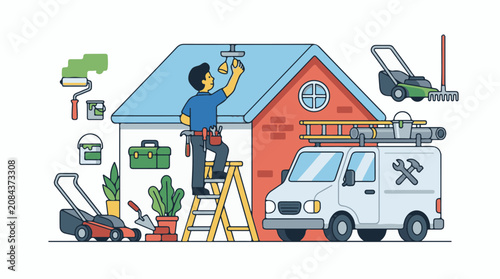 Home repair worker on ladder fixing house with tools and service van