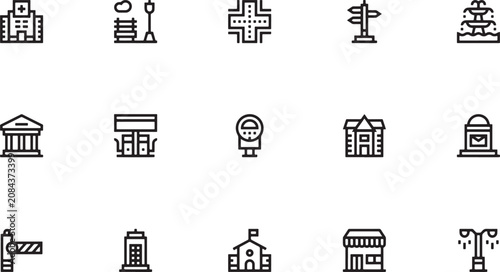 Foto Outline vector icon set featuring city infrastructure with park benches crossroa