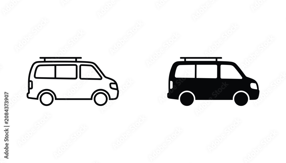 Fototapeta premium Minivan vector icon isolated on white Black and white outline line art and solid glyph silhouette