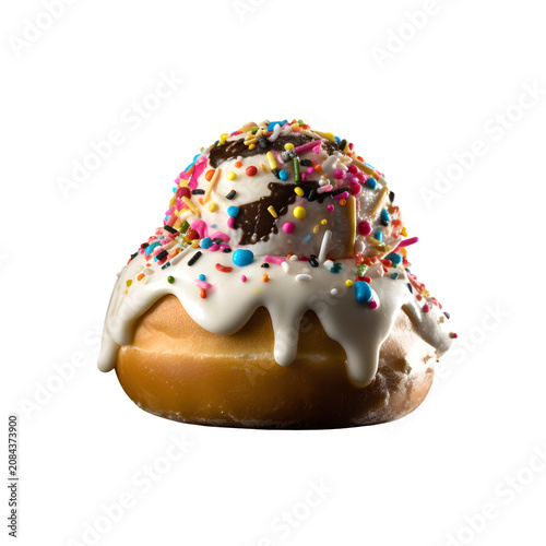 Delicious golden donut topped with creamy white glaze and colorful sugar sprinkles on transparent background