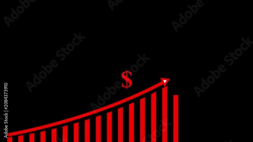 Bar chart displaying a red upward trend with a dollar sign symbol indicates financial growth, increasing revenue, and positive market performance for investment banking and corporate financial.