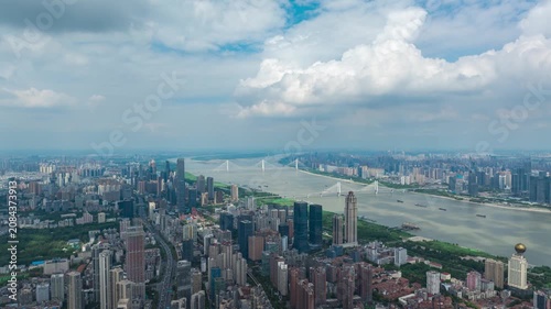 Aerial Wide Panoramic View of Wuhan City Skyline Along Yangtze River, Urban Cityscape in Hubei China
