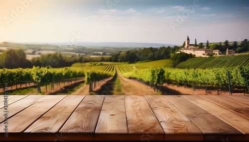 An Empty Wooden Table For Product Display Blurred French Vineyard In The Background
