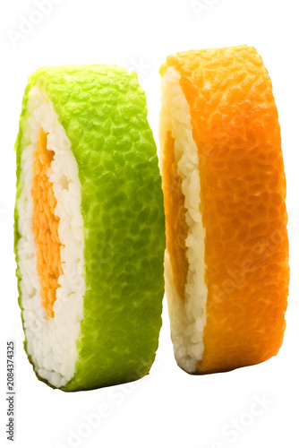 Two vibrant sushi rolls featuring green and orange textures presented isolated on transparent background