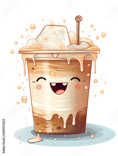Cute cartoon coffee cup with melting cream and bubbles illustrated as an icon on transparent background